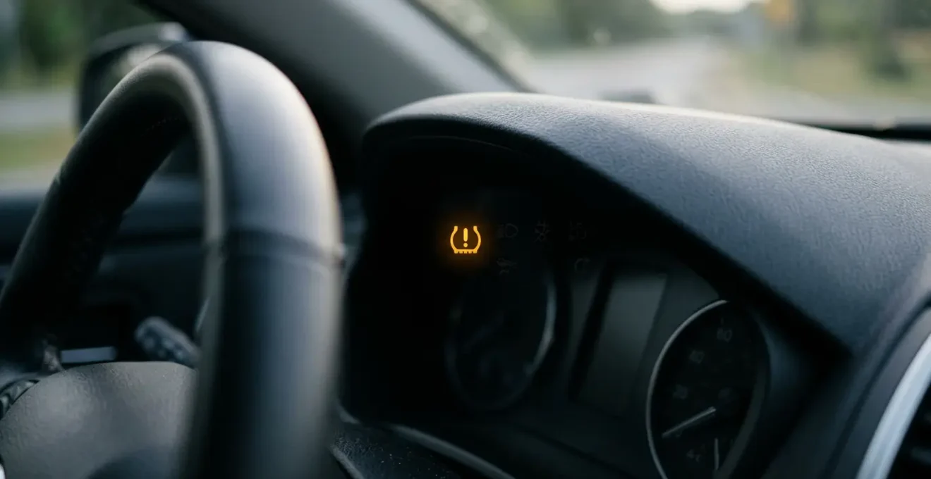 TPMS warning light illuminated on vehicle dashboard indicating low tire pressure despite tires appearing properly inflated
