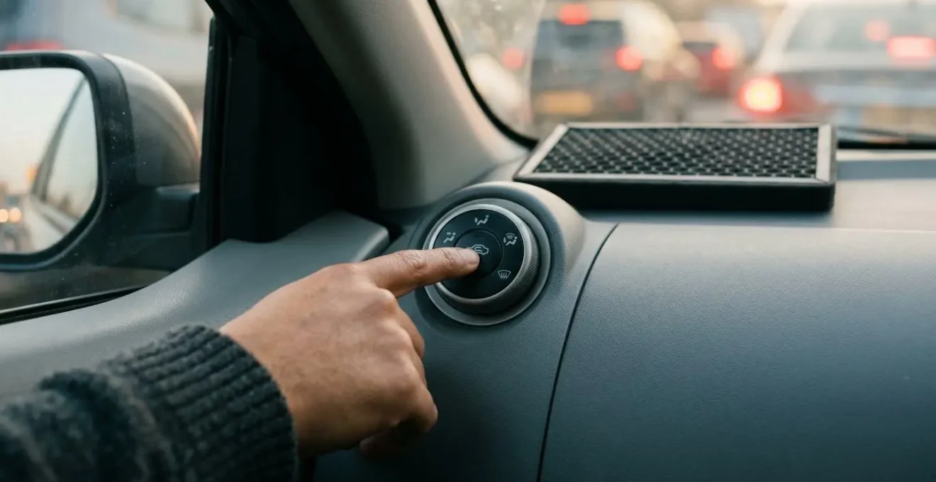 Vehicle ventilation system showing air recirculation mode protecting occupants from traffic emissions