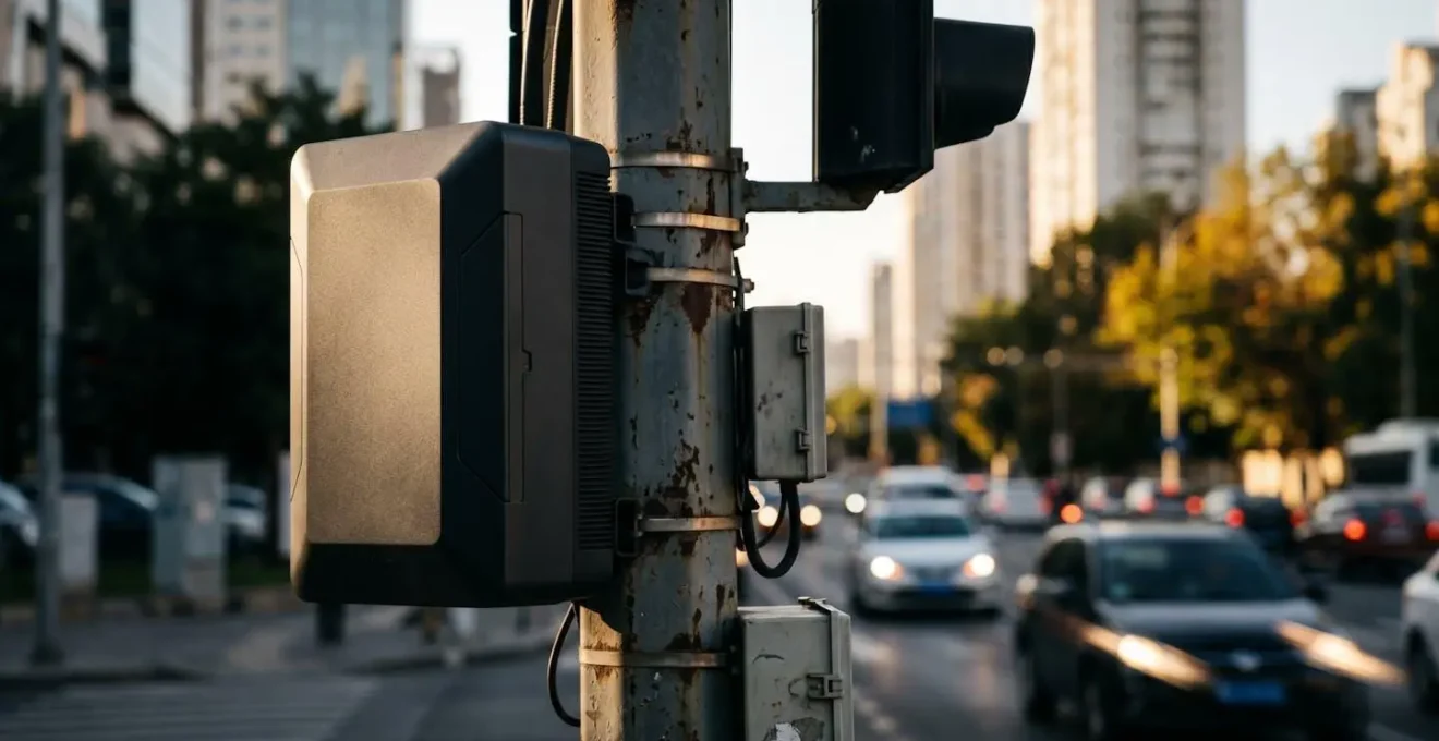 Urban roadside unit installation for V2I communication at a modern intersection