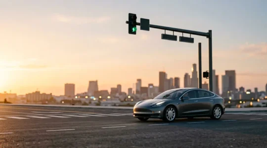 Modern vehicle dashboard displaying real-time traffic signal timing information through V2I communication system