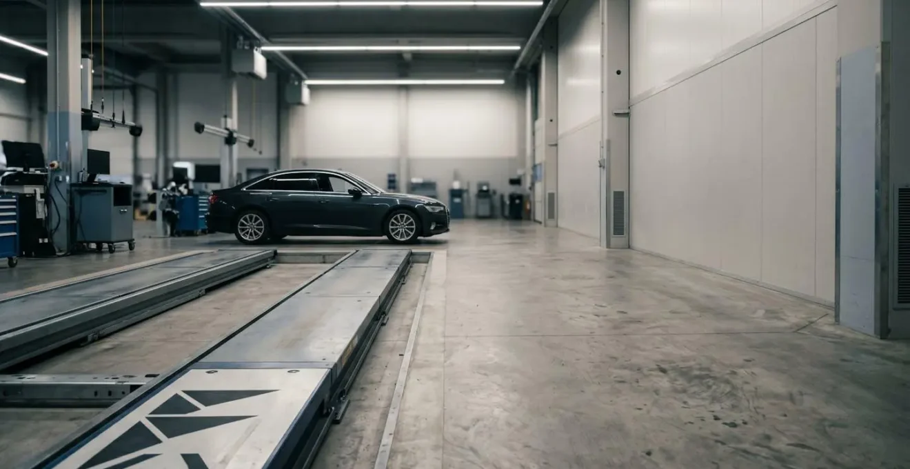 Wide environmental shot showing automotive service bay with vehicle on level surface and calibration setup