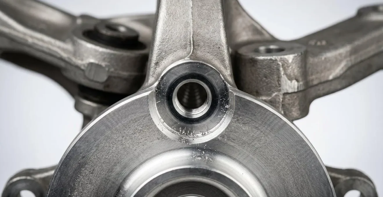 Close-up macro photograph showing wheel offset impact on suspension geometry through steering axis and tire contact patch relationship