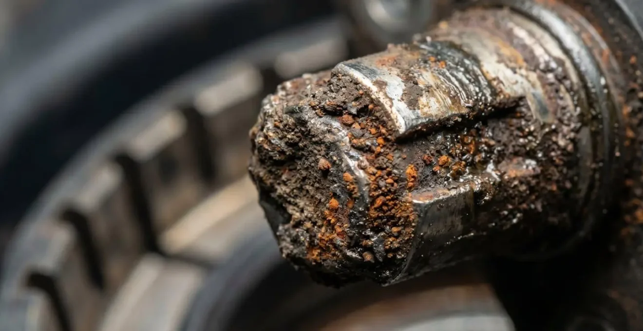 Close-up view of corroded wheel speed sensor tip covered in metallic debris and rust buildup