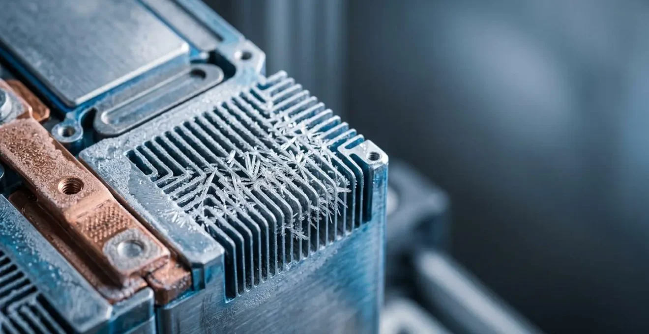 Close-up view of a hybrid battery pack thermal management system with visible cooling channels and temperature sensors in cold ambient environment