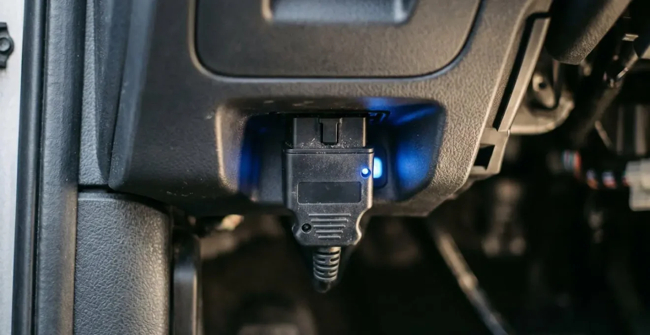 Close-up of OBD2 diagnostic connector interface during emissions inspection scan