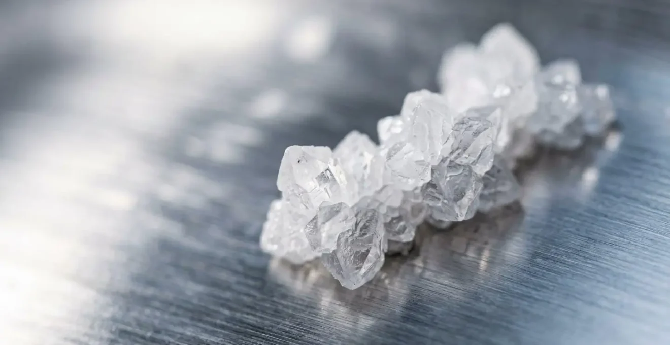 Extreme close-up macro shot of urea crystal formation on metallic SCR injector surface
